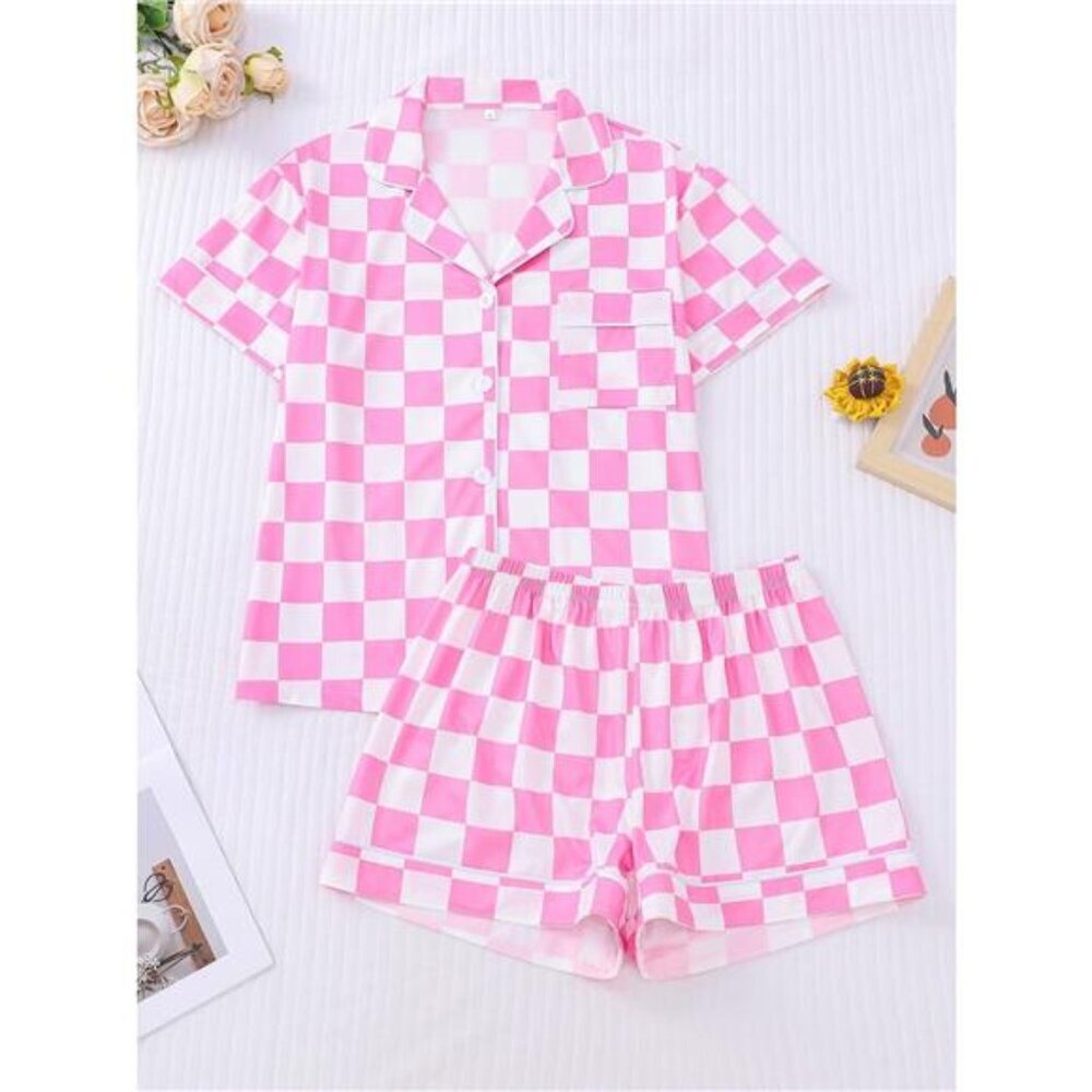 Checkered Print Button Up Top and Shorts Lounge Set